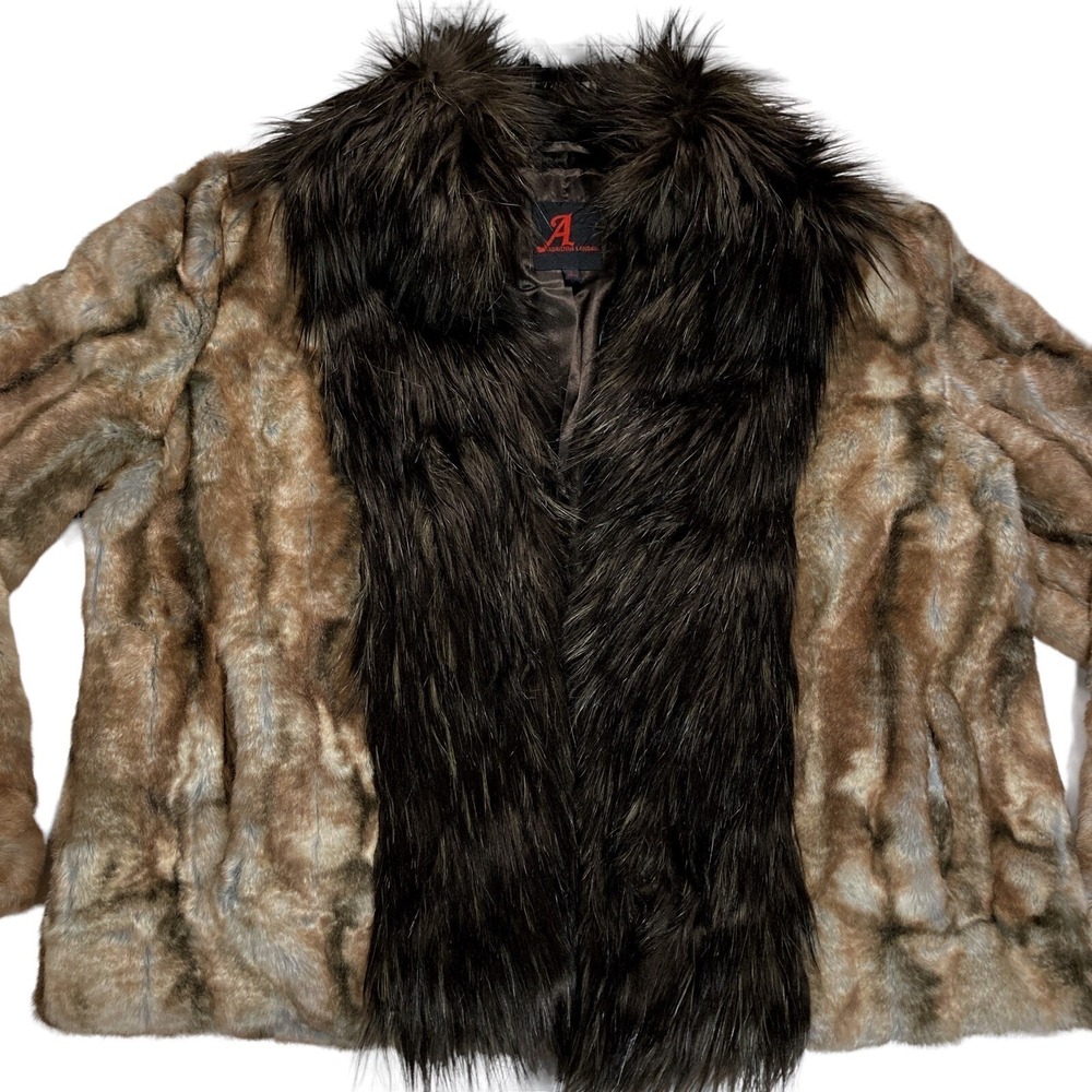 Adrienne Landau Size LARGE Faux FUR JACKET Coat Long Fur Collar Lapel Brown NWOT - Picture 3 of 13